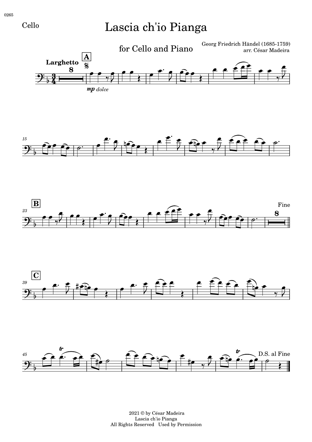Lascia Ch'io Pianga - Cello and Piano (Individual Parts) (arr. César Madeira)
