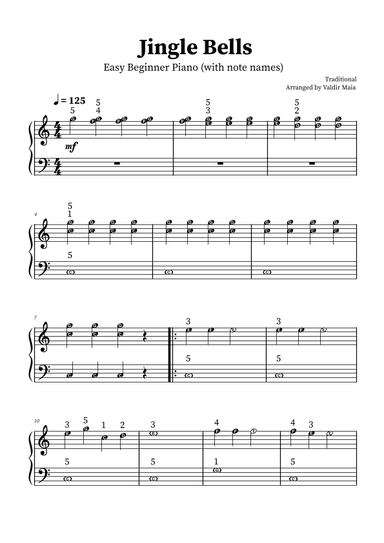 Jingle Bells - Easy Beginner Piano (with note names) (arr. Valdir Maia)