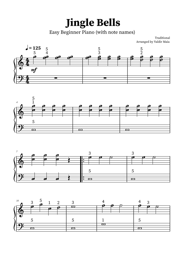 Jingle Bells - Easy Beginner Piano (with note names) (arr. Valdir Maia)