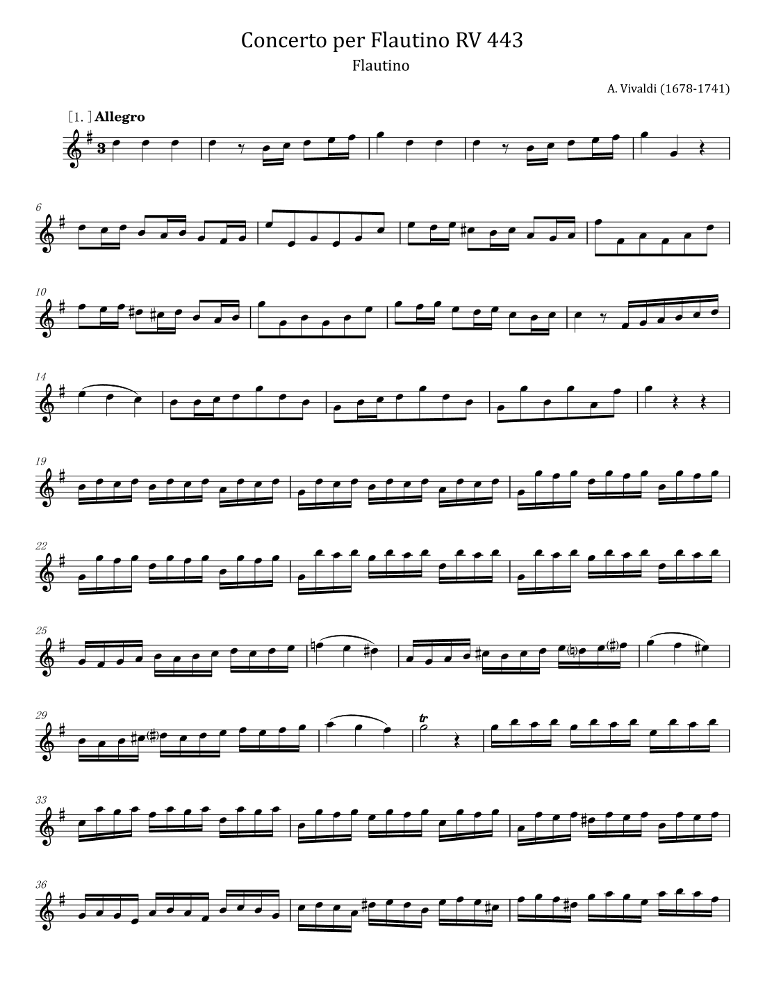 Vivaldi - Flautino Concerto RV 443 - For  Flute Solo In G Major - Original Complete (arr. poon)