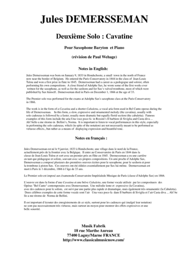Jules Demersseman : Deuxième Solo : Cavatina for baritone saxophone and piano (arr. Musik Fabrik Music Publishing)
