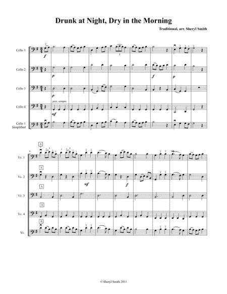 Drunk at Night, Dry in the Morning for beginner cello quartet (four cellos) (arr. Yellow Cello Music)