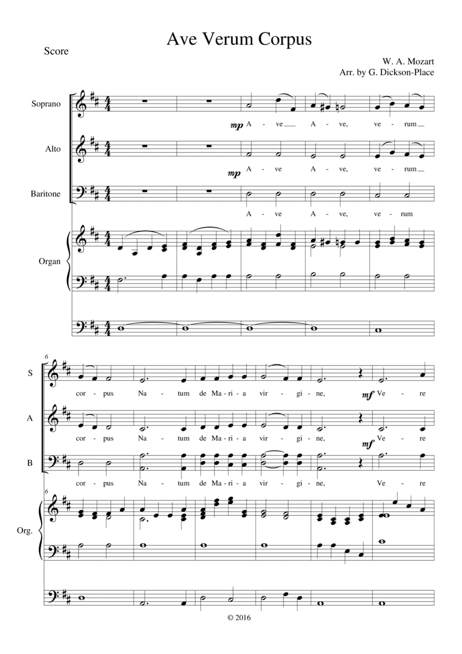 Ave Verum - Mozart - Arranged for three voices - SAB (arr. Arr. by Graham Dickson-Place)