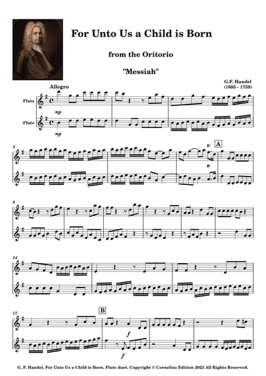 G.F. Handel Messiah "For Unto Us a Child is Born" arranged for Flute Duet Woodwind Duo. (arr. Glenn Martin)