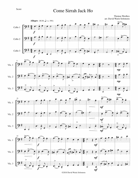 Come Sirrah Jack, Ho! for 3 cellos (arr. David Warin Solomons)