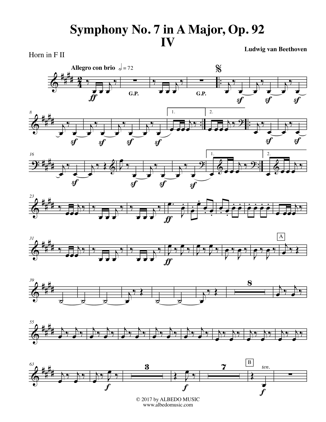 Beethoven Symphony No. 7, Movement IV - Horn in F 2 (Transposed Part), Op. 92 (arr. Doug Clyde)