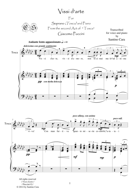 Puccini - Tosca (Act2) Vissi d'arte - Soprano and piano (arr. Santino Cara)