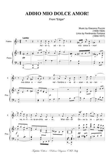 ADDIO MIO DOLCE AMOR (From "Edga"). G. Puccini - For Soprano and Piano (without unison Chorus) (arr. Renato Tagliabue)