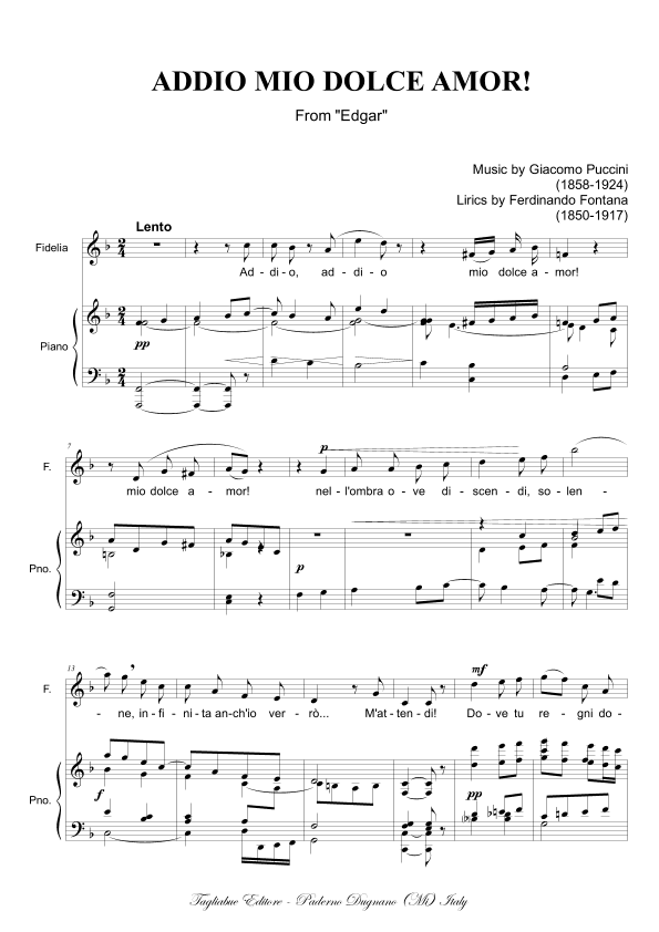ADDIO MIO DOLCE AMOR (From "Edga"). G. Puccini - For Soprano and Piano (without unison Chorus) (arr. Renato Tagliabue)
