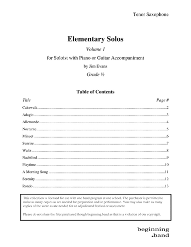 Elementary Solos, Volume 1, for Tenor Saxophone