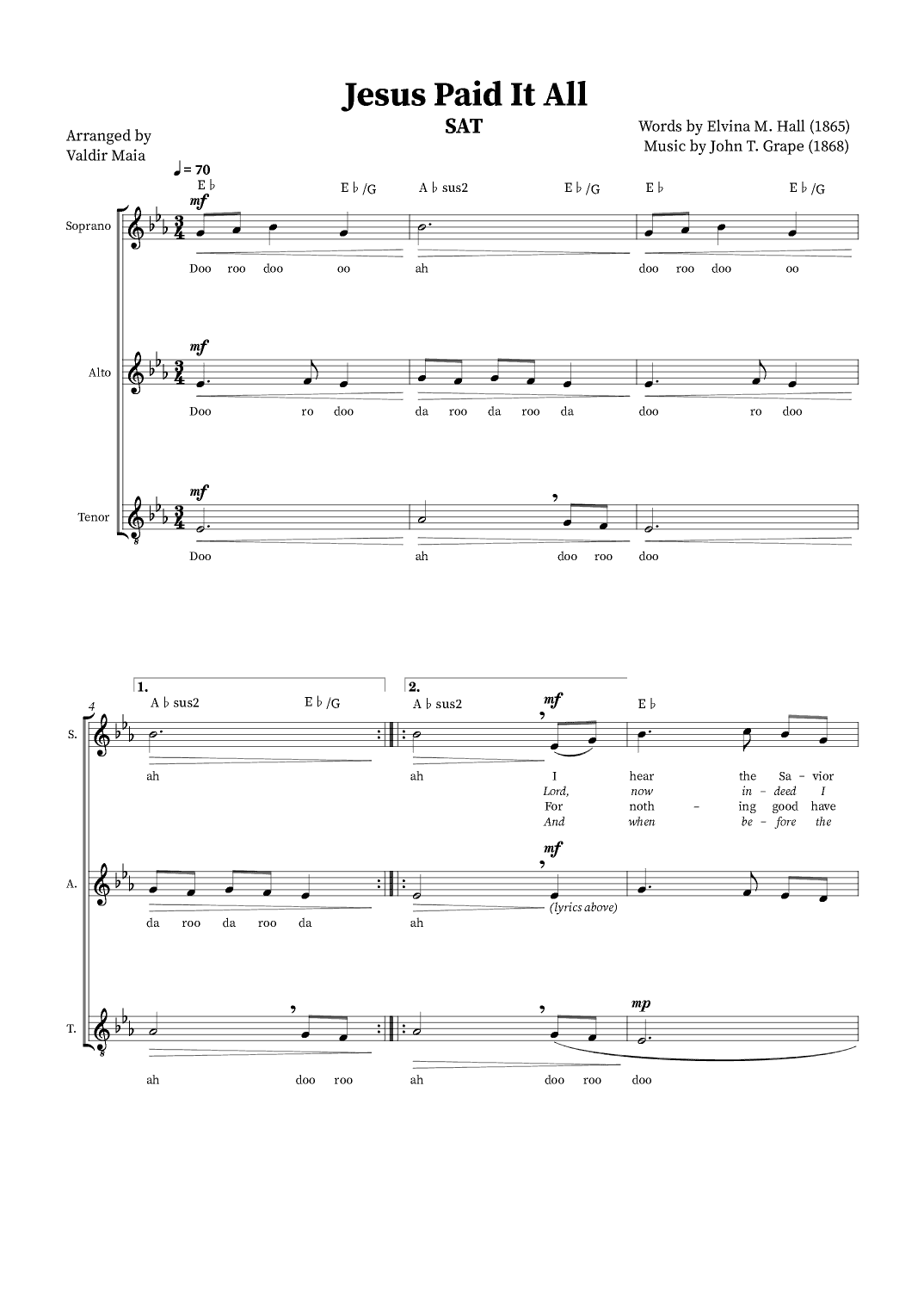 Jesus Paid It All - SAT Trio or Choir (+ Chords) (arr. Valdir Maia)