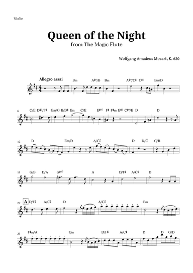 Queen of the Night by Mozart for Violin with Chords (arr. Langanho)