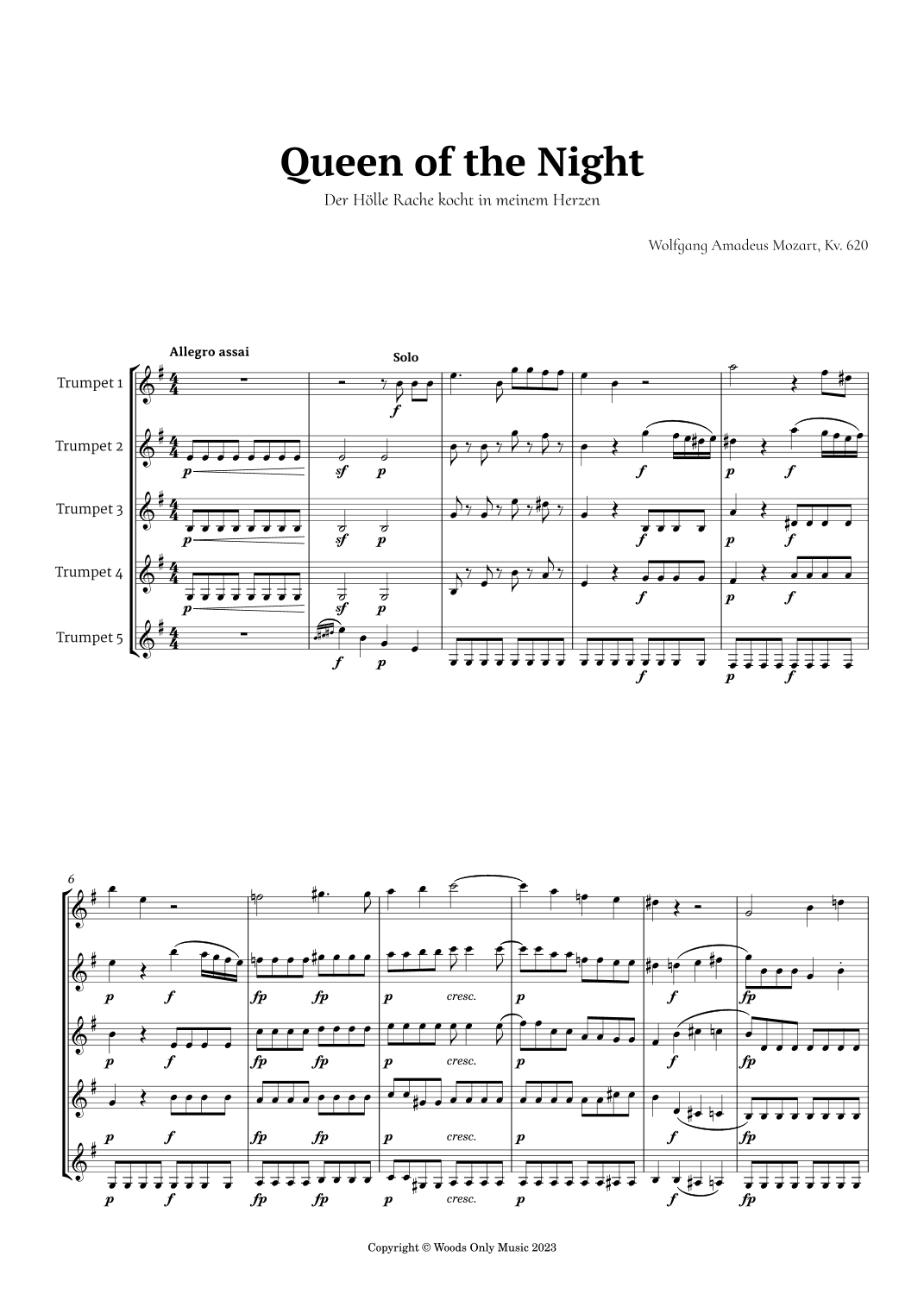 Queen of the Night Aria by Mozart for Trumpet Quintet (arr. Ander)