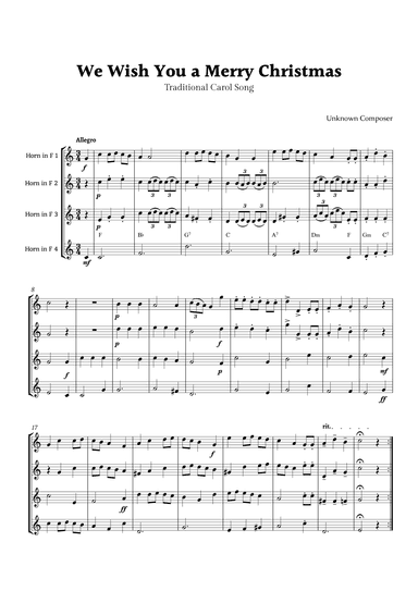 We Wish you a Merry Christmas for Horn in F Quartet with Chords (arr. Rika K.)
