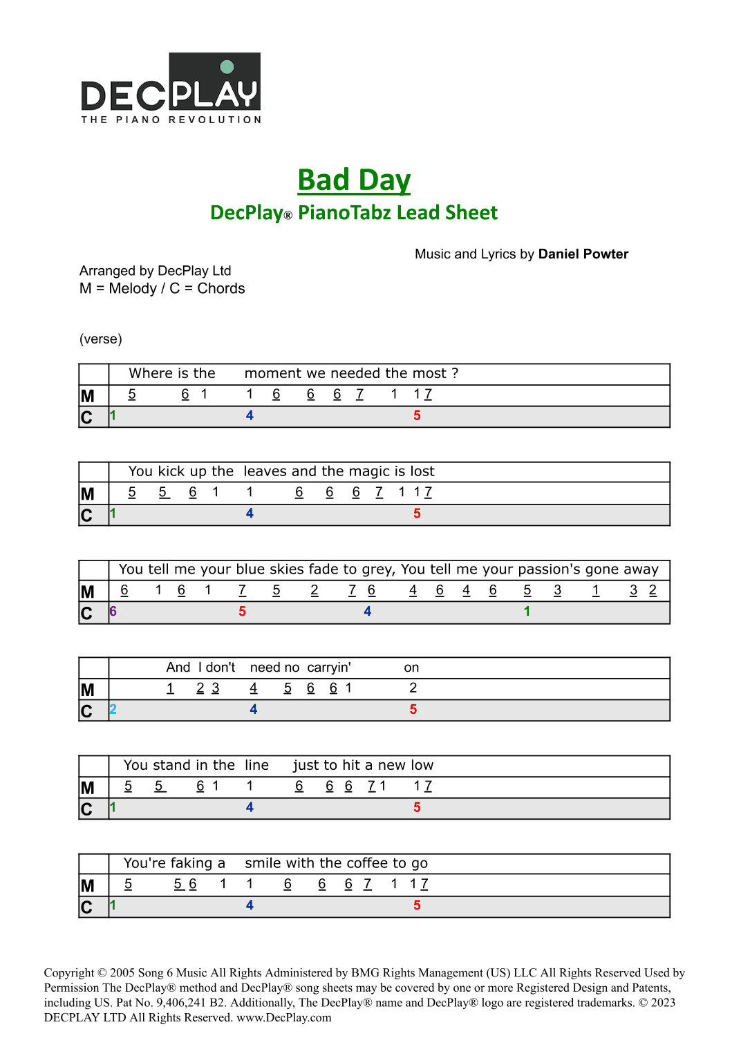 Bad Day (arr. DecPlay Ltd)