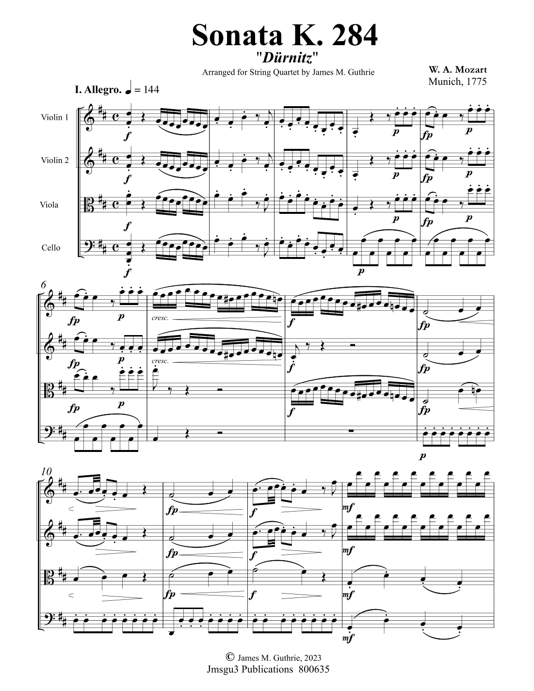Mozart: Sonata K. 284 “Durnitz” for String Quartet (arr. James M. Guthrie, ASCAP)
