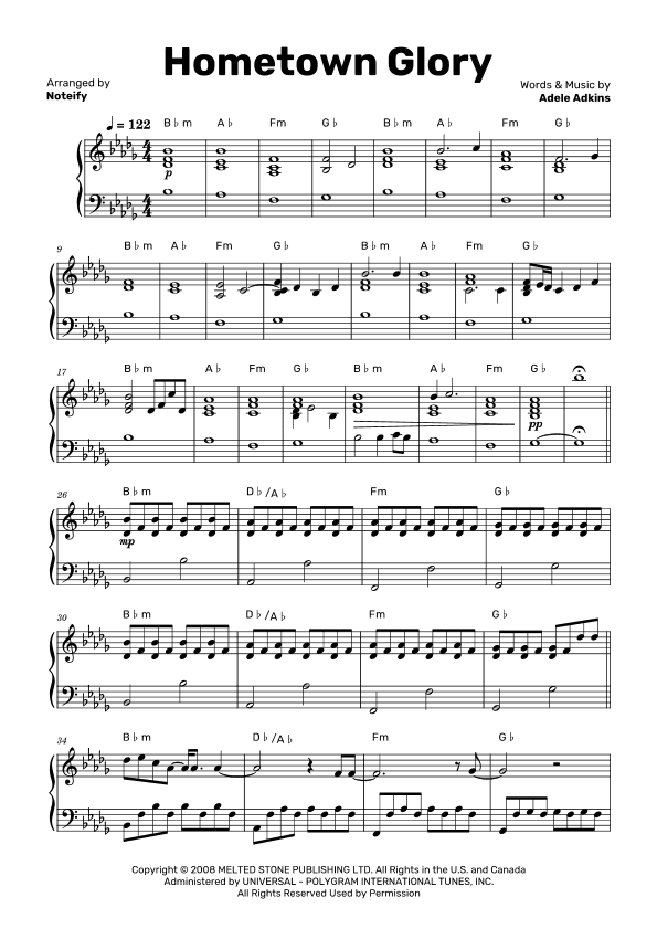 Hometown Glory (arr. Noteify)