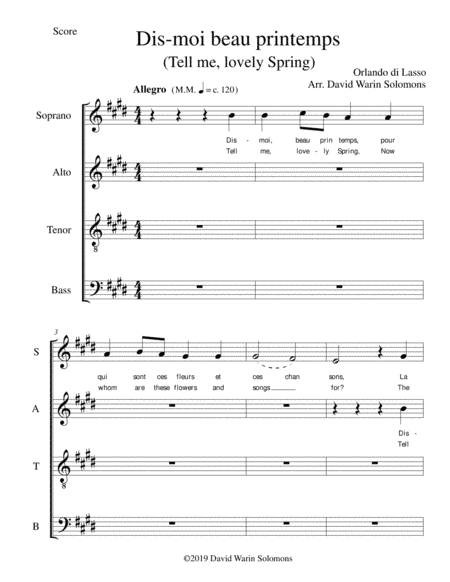 Dis-moi, beau printemps (Tell me, lovely Spring) for SATB choir (arr. David Warin Solomons)