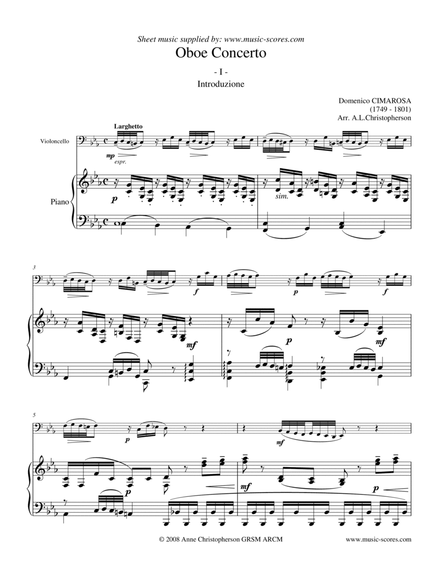 Cimarosa Larghetto - 1st movement from Oboe Concerto - Cello & Piano (arr. Anne L Christopherson GRSM ARCM)