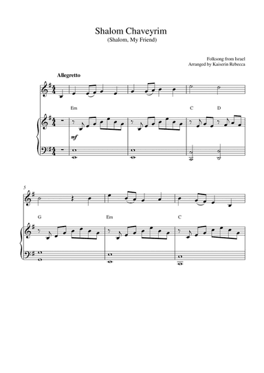 Shalom Chaveyrim (Shalom, My Friend) (for oboe solo and piano accompaniment) (arr. Kaiserin Rebecca)