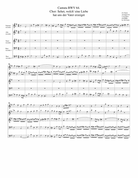 Coro: Sehet, welch eine Liebe hat uns der Vater erzeiget from Cantata BWV 64 (arrangement for 5 reco (arr. Gil Garty)