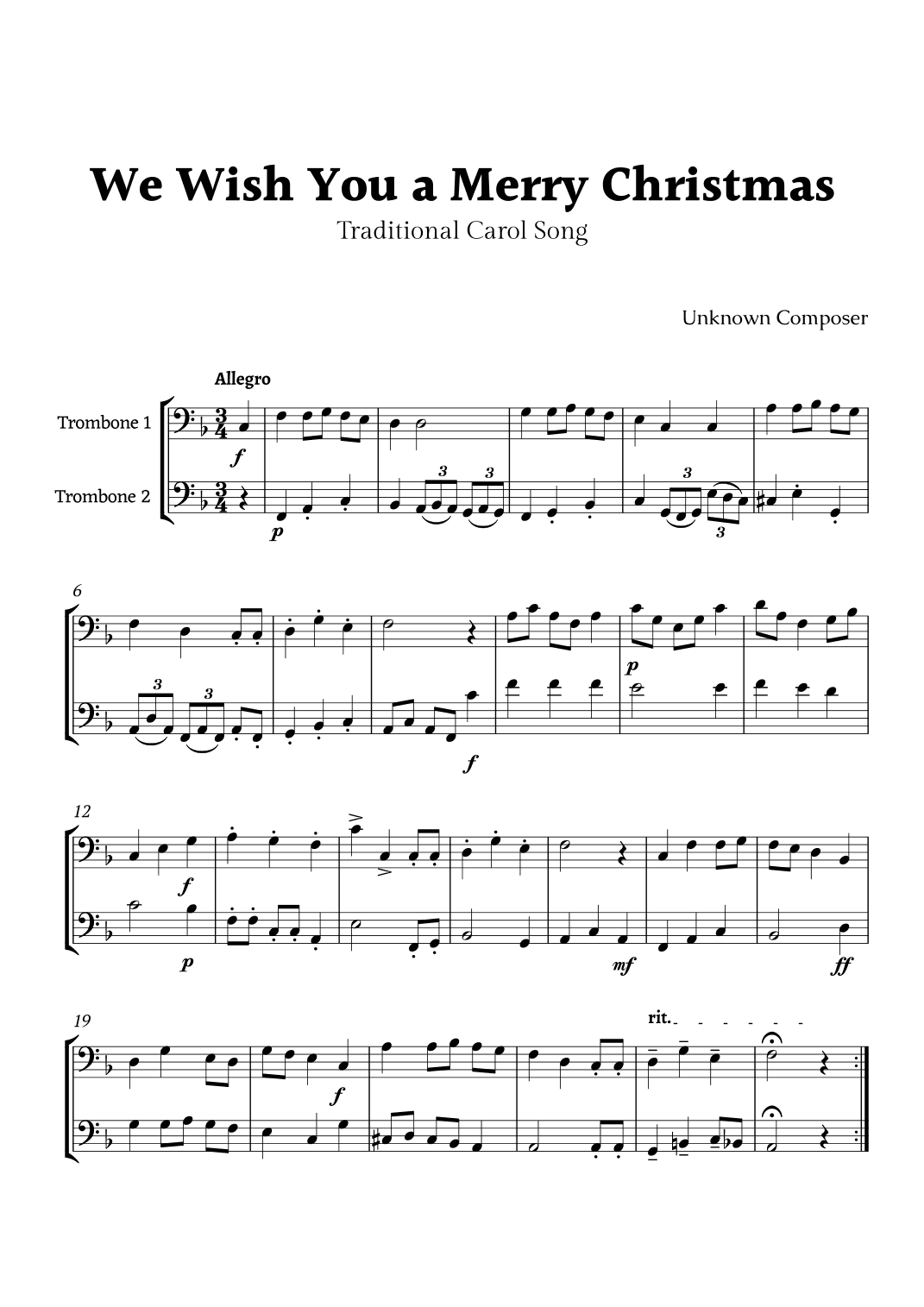 We Wish you a Merry Christmas for Trombone Duet (arr. Rika K.)
