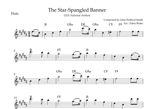 The Star Spangled Banner (USA National Anthem) for Flute Solo with Chords (B Major) (arr. Fabio Britto)