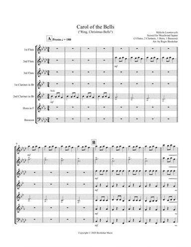Carol of the Bells (F min) (Woodwind Septet - 3 Flute, 2 Clar, 1 Hrn, 1 Bassoon) (arr. Regis Bookshar)