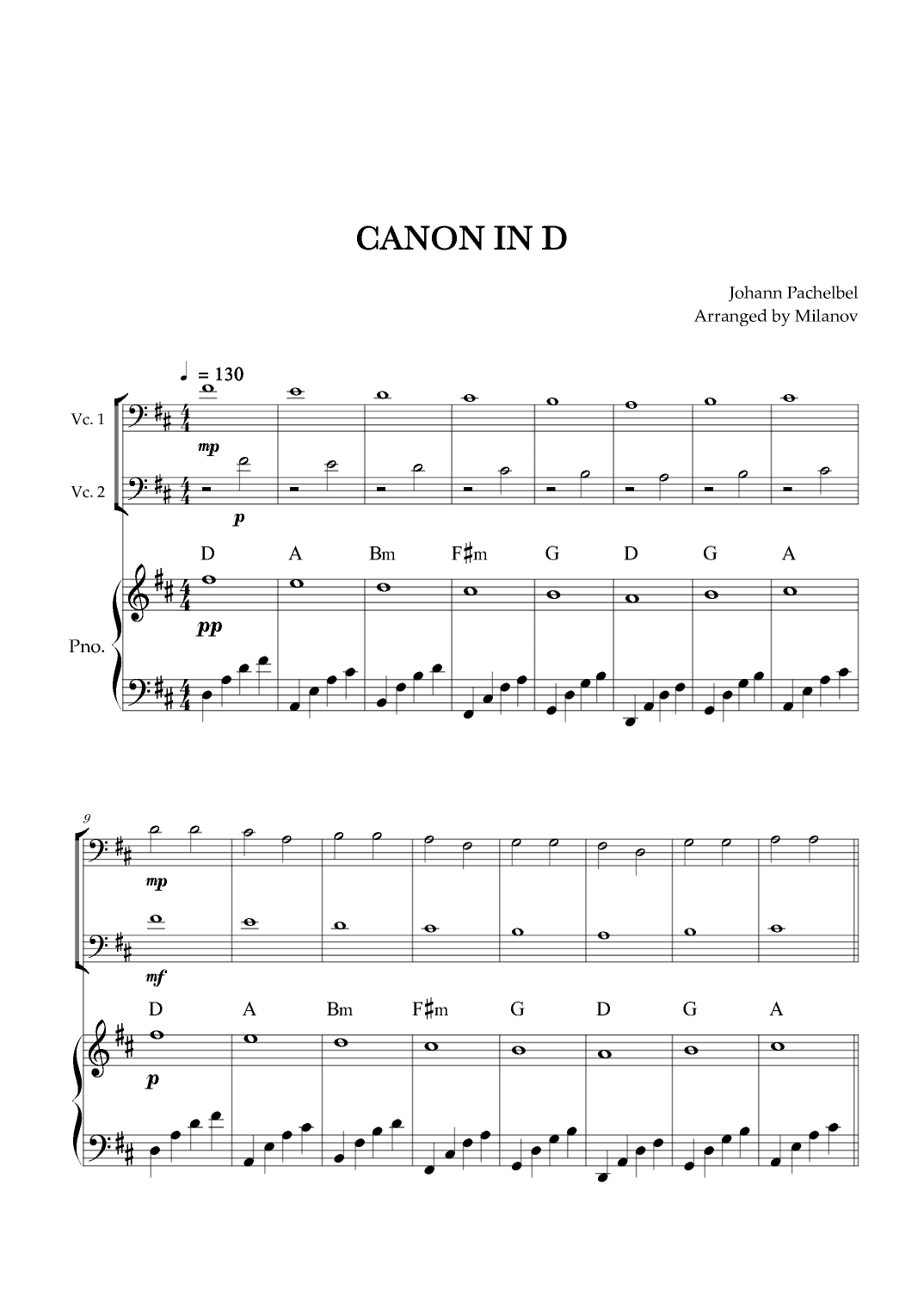 Canon in D | Pachelbel | Cello Duet | Piano accompaniment (arr. Milanov)