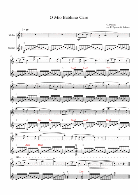 O Mio Babbino Caro, Giacomo Puccini,  For Violin & Guitar