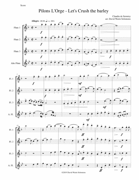 Pilons l'orge (Let's crush the barley) arranged for flute quartet (3 flutes and 1 alto flute) (arr. David Warin Solomons)