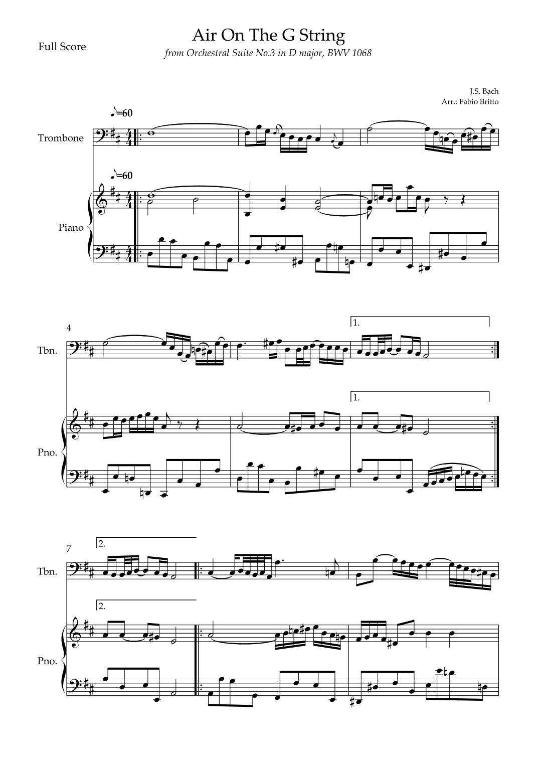 Air On The G String (J.S. Bach) for Trombone Solo and Piano Accompaniment (arr. Fabio Britto)
