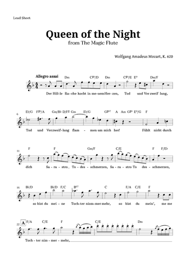 Queen of the Night by Mozart Lead Sheet (arr. Langanho)