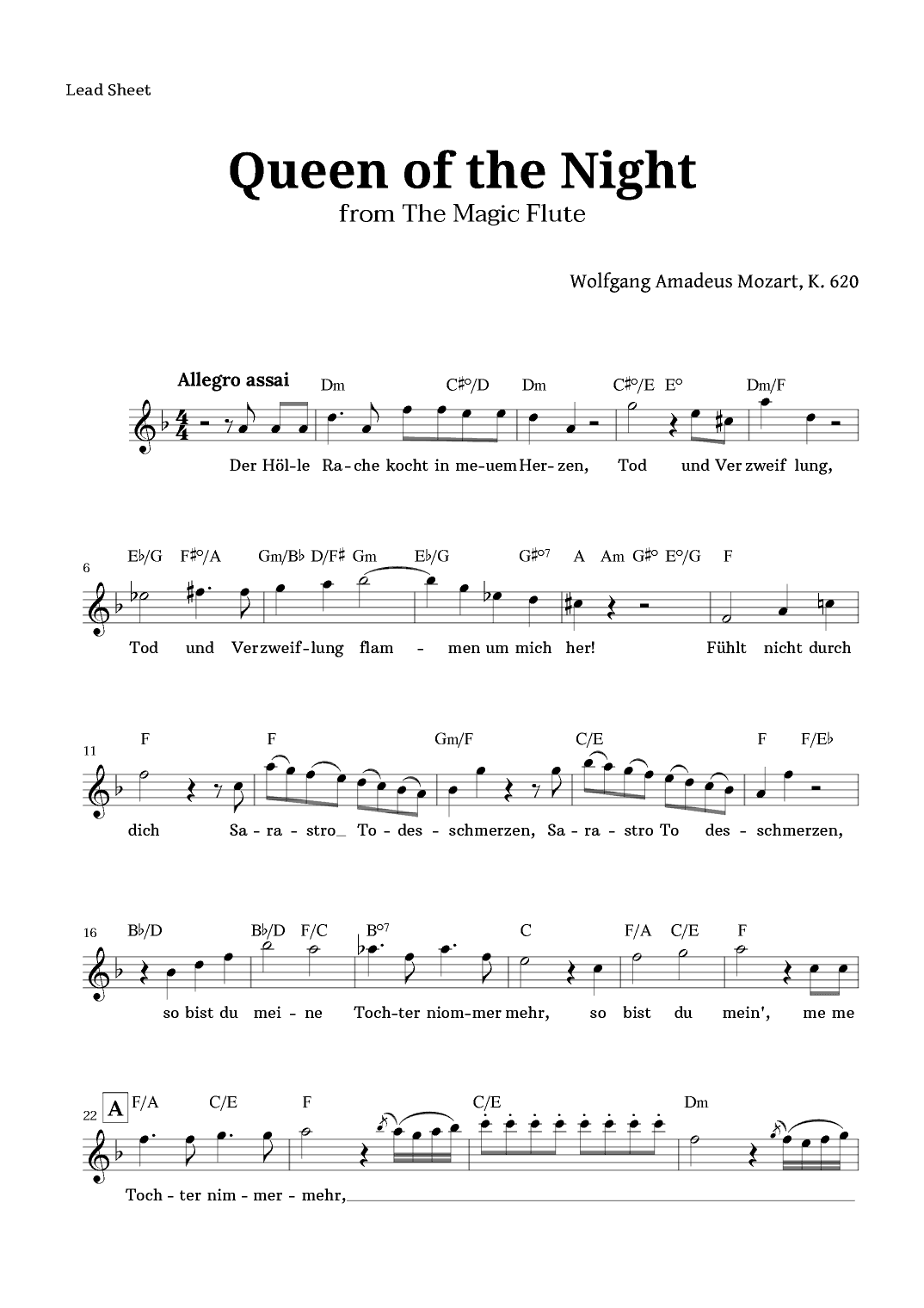 Queen of the Night by Mozart Lead Sheet (arr. Langanho)