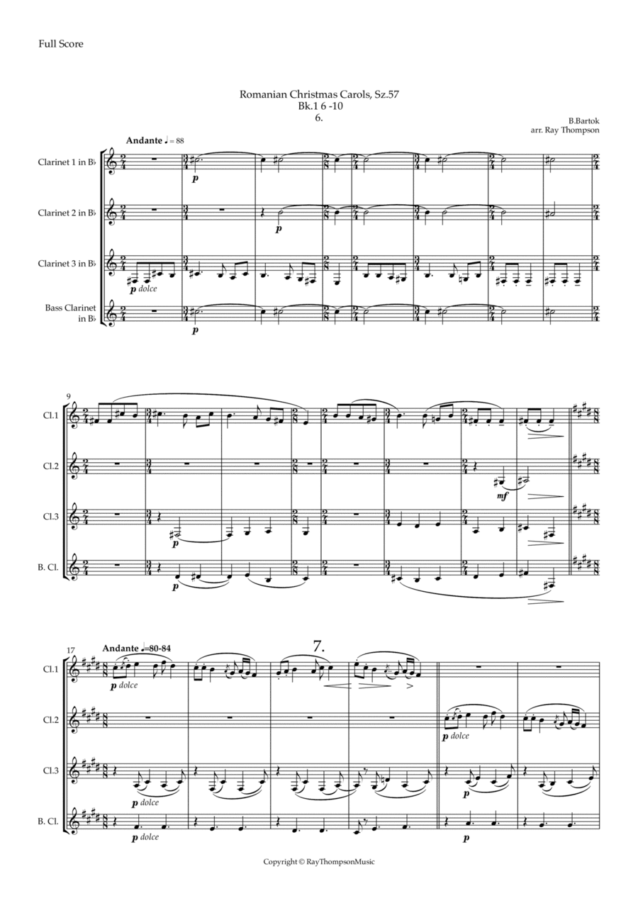 Bartók: Romanian Christmas Carols, Sz.57 Book 1 ( Nos. 6 to 10) original key - clarinet quartet (arr. Ray Thompson)
