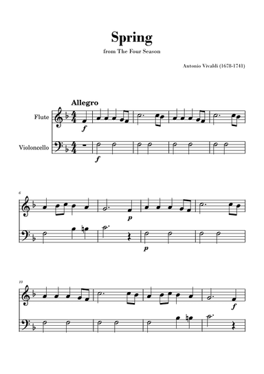 Spring from 'The Four Seasons' by Vivaldi - Easy Flute and Cello Duo (arr. Gisele Sant'Ana)