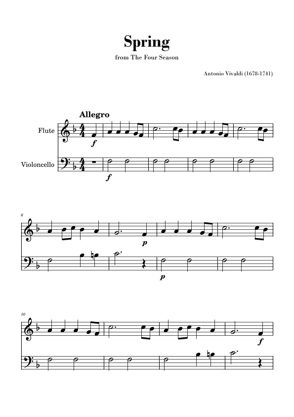 Spring from 'The Four Seasons' by Vivaldi - Easy Flute and Cello Duo (arr. Gisele Sant'Ana)