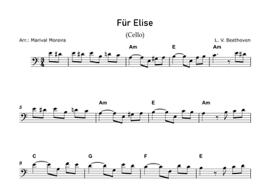 Fur Elise - Beethoven - Cello Solo Intermediate (Score and Chords) (arr. Marival Moreira)