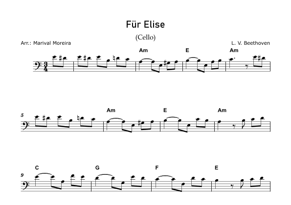 Fur Elise - Beethoven - Cello Solo Intermediate (Score and Chords) (arr. Marival Moreira)