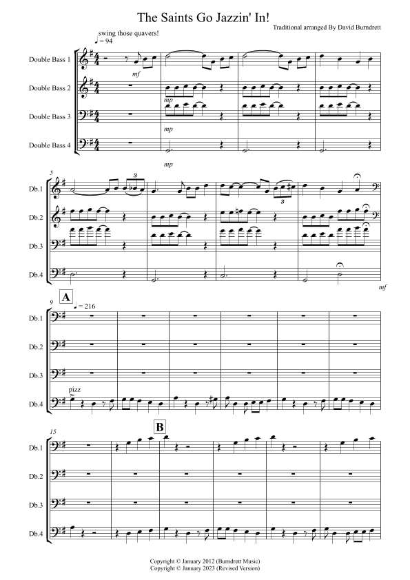 The Saints Go Jazzin' In for Double Bass Quartet (arr. David Burndrett)