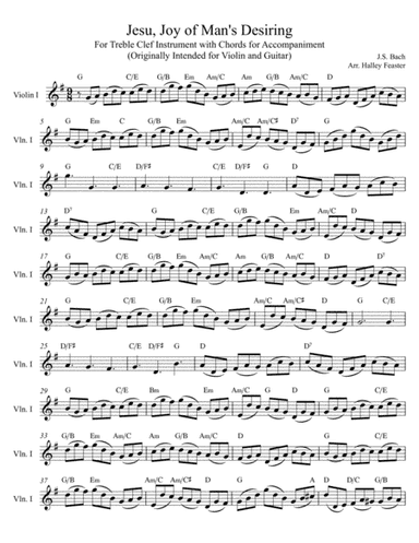 Jesu, Joy of Man's Desiring - for Violin (or Treble Clef Instrument) and Guitar (Chords) (arr. Halley Feaster)
