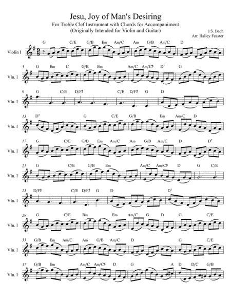 Jesu, Joy of Man's Desiring - for Violin (or Treble Clef Instrument) and Guitar (Chords) (arr. Halley Feaster)