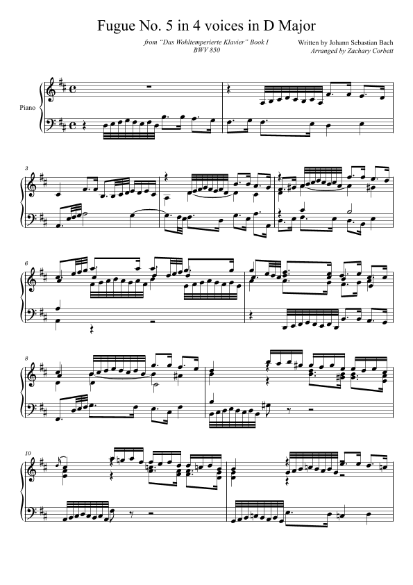 Fugue No. 5 BWV 850 in D Major (arr. Zachary Corbett)