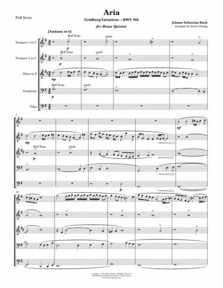 Aria from Goldberg Variations BWV 988 for Brass Quintet (arr. Chiang, Justin)