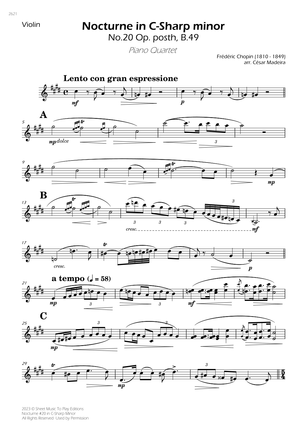 Nocturne No.20 in C Sharp minor - Piano Quartet (Individual Parts) (arr. César Madeira)