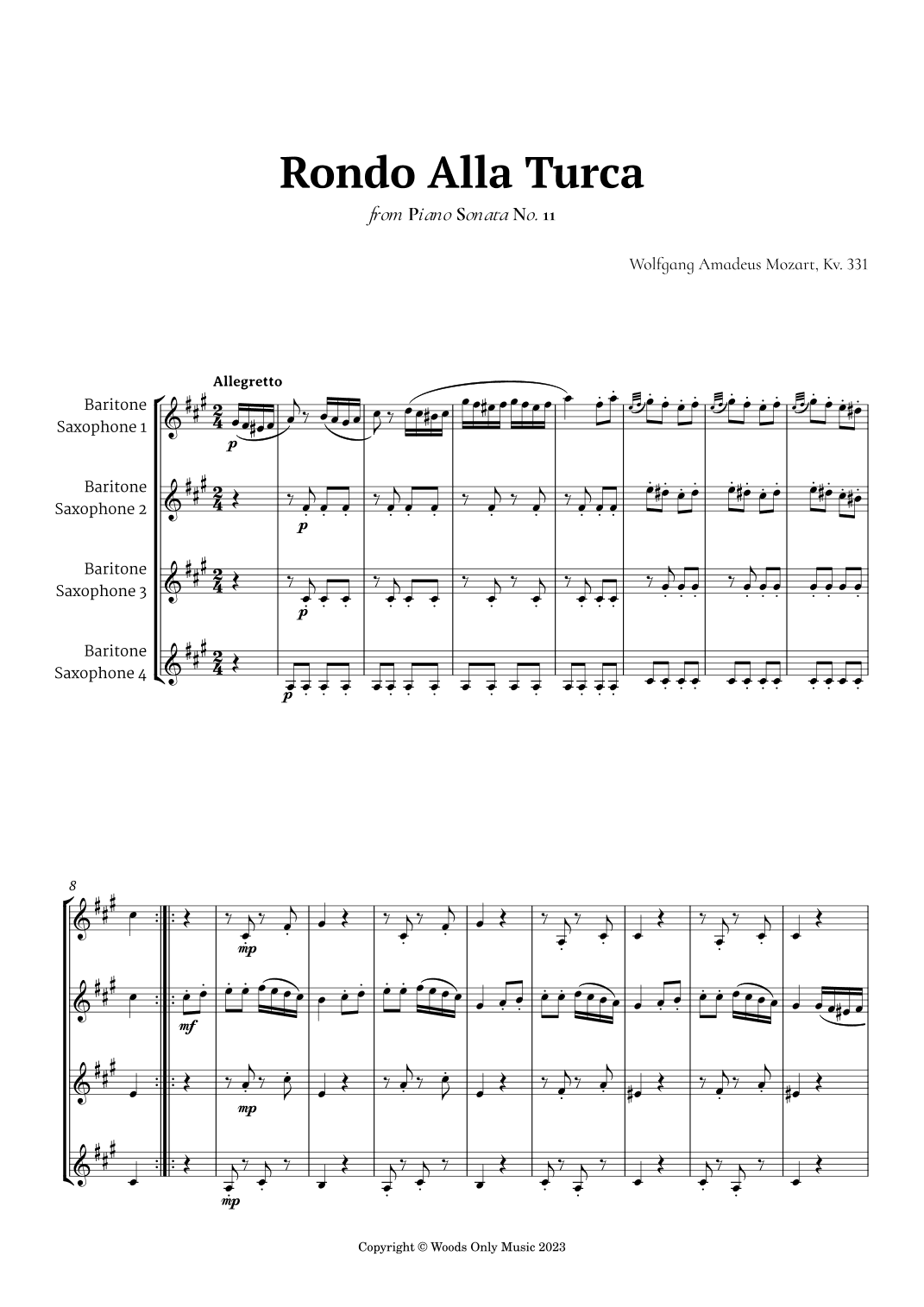 Rondo Alla Turca by Mozart for Baritone Sax Quartet (arr. Ander)