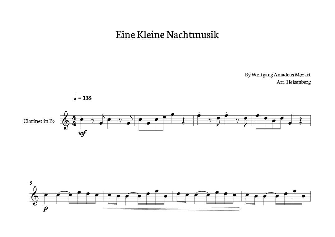 Eine Kleine Nachtmusik - Mozart for clarinet solo. Score and parts included. (arr. Heisenberg)