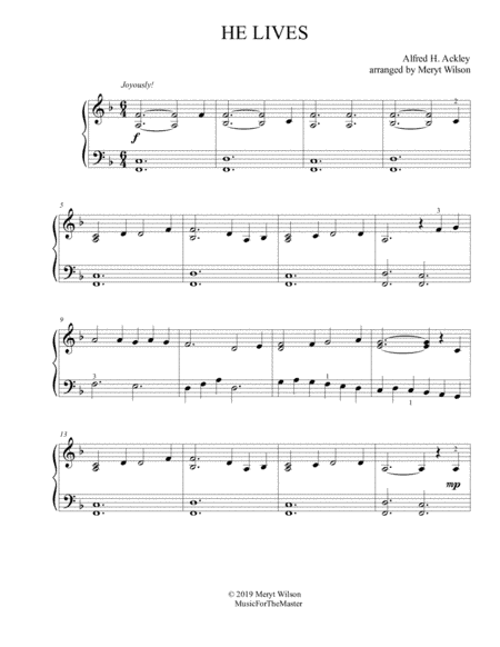 HE LIVES piano solo A. H. Ackley early intermediate (arr. Meryt Wilson)