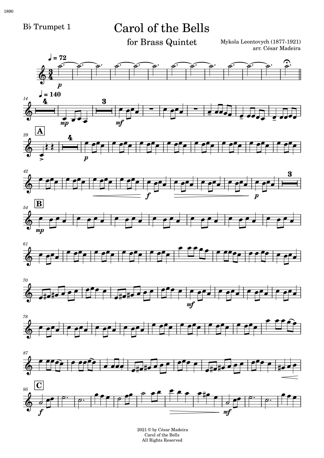 Carol Of The Bells - Brass Quintet (Individual Parts) (arr. César Madeira)