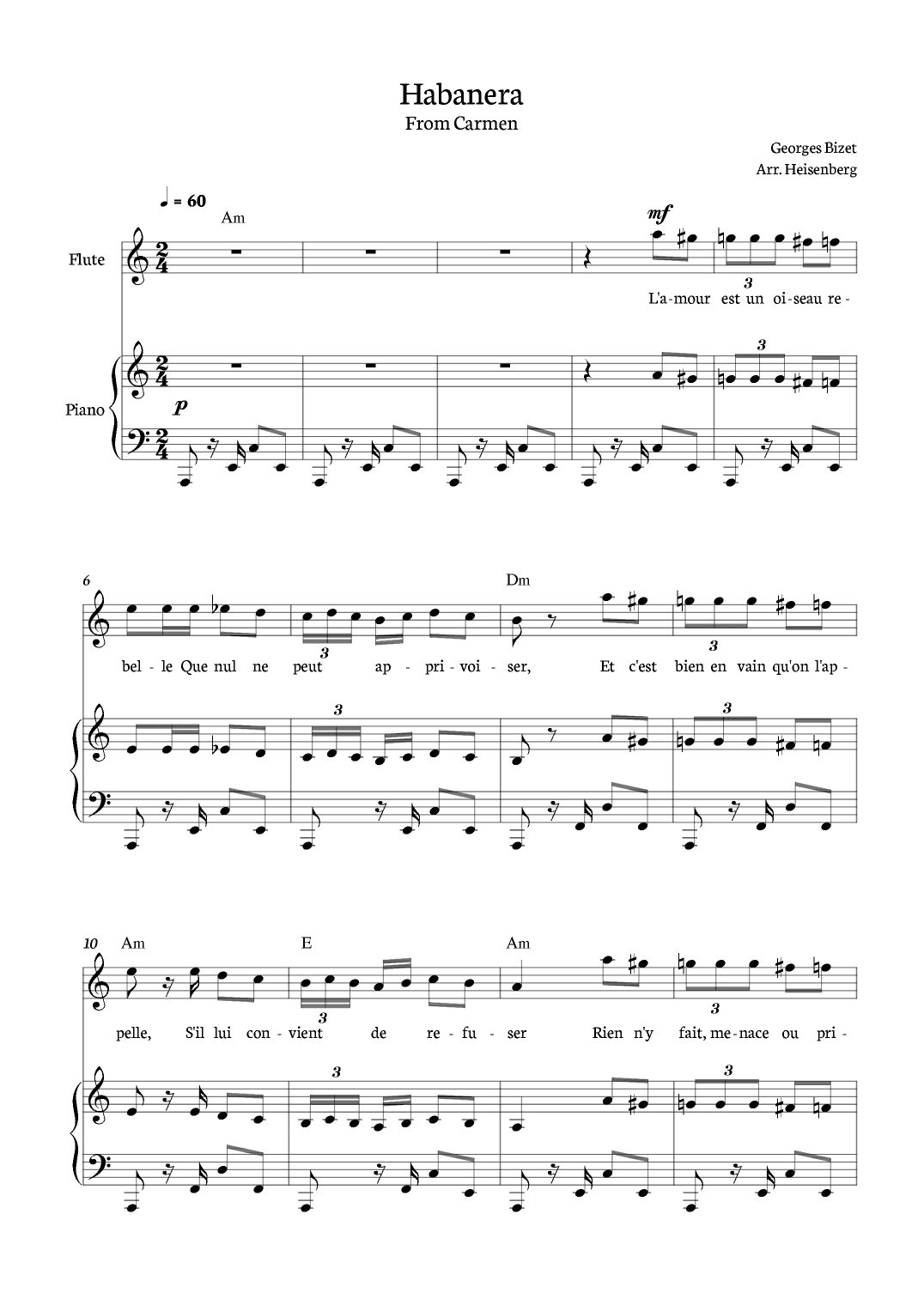 Habanera from Carmen for Flute with piano and chords. (arr. Heisenberg)